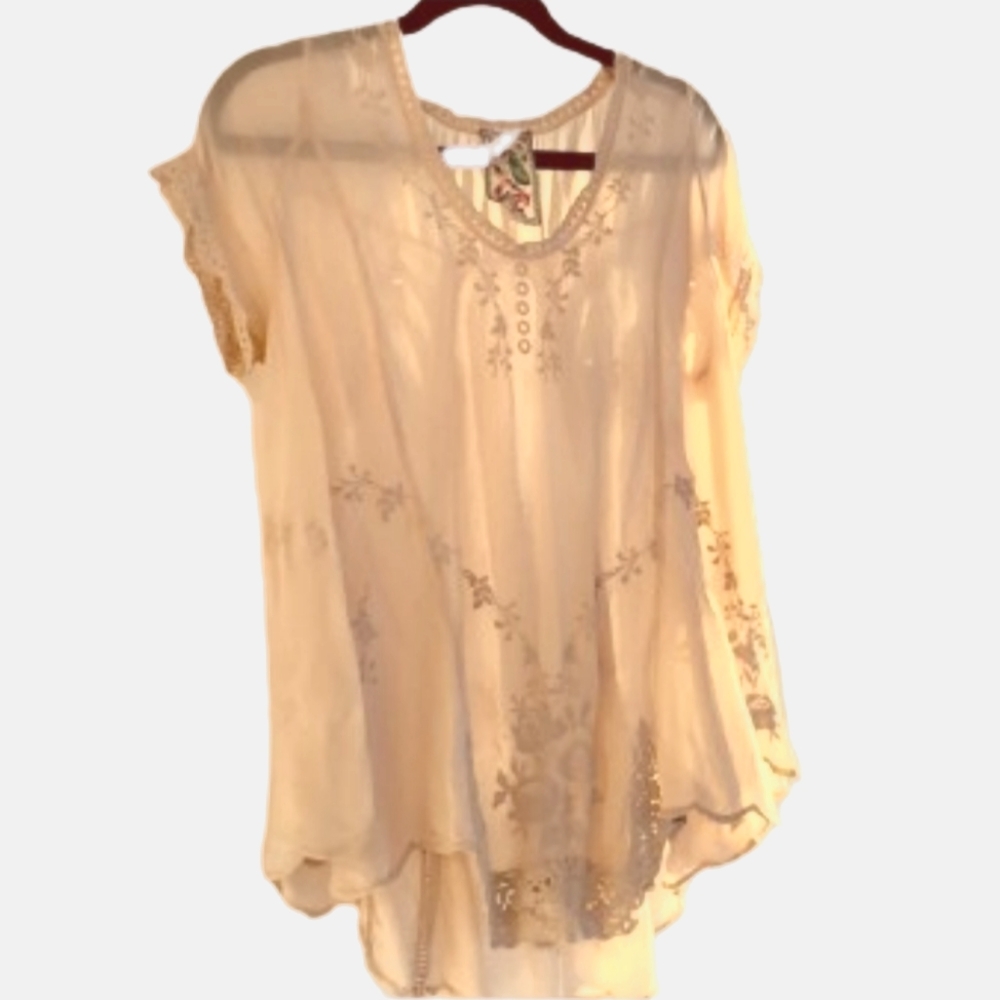 JOHNNY WAS Oversived Hi-Lo Romantic Feminine Boho Top Size XS RUNS LARGE - Picture 2 of 8